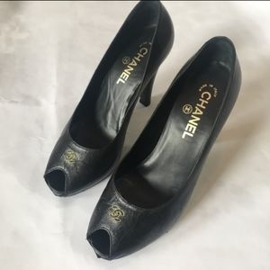 Chanel black peep toe heels size 38